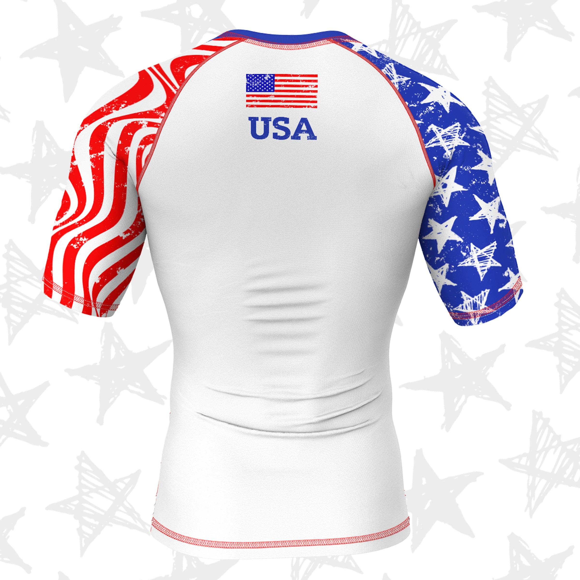 Mock-up of Kids Independence Rash Guard showcasing bold patriotic design with stars and stripes, back view.