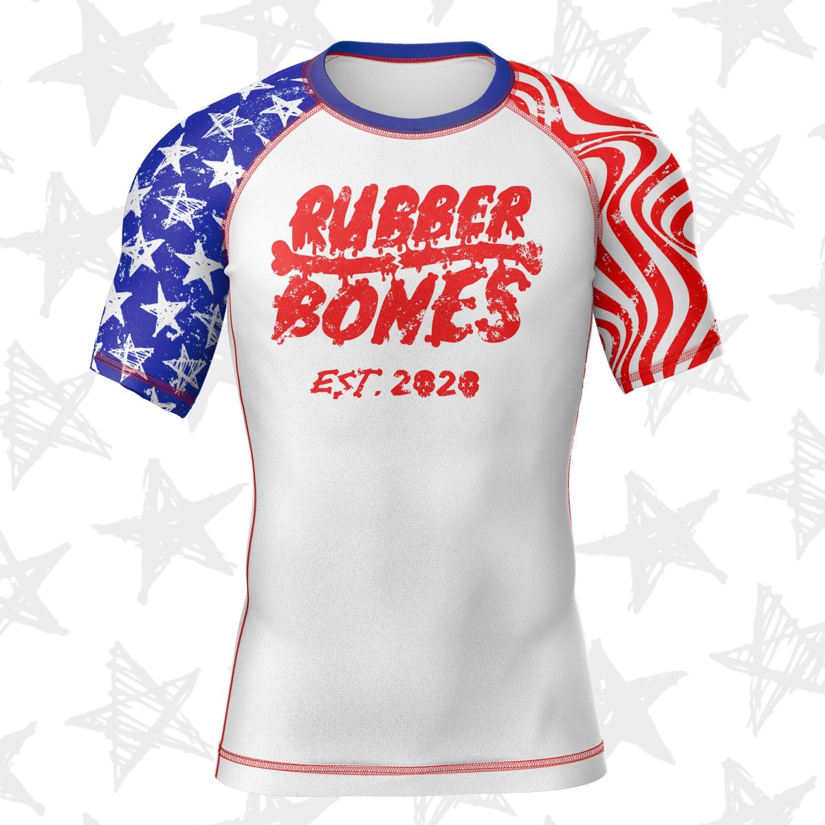 Mock-up of Independence Rash Guard featuring American flag-inspired design, front view.