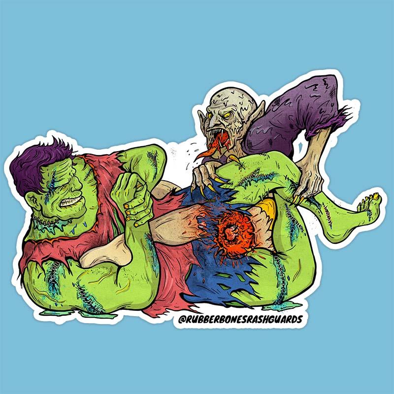 Frankenstein Heel Hook' 3-inch vinyl sticker by Rubber Bones featuring bold Frankenstein-inspired artwork with a glossy finish, front view.