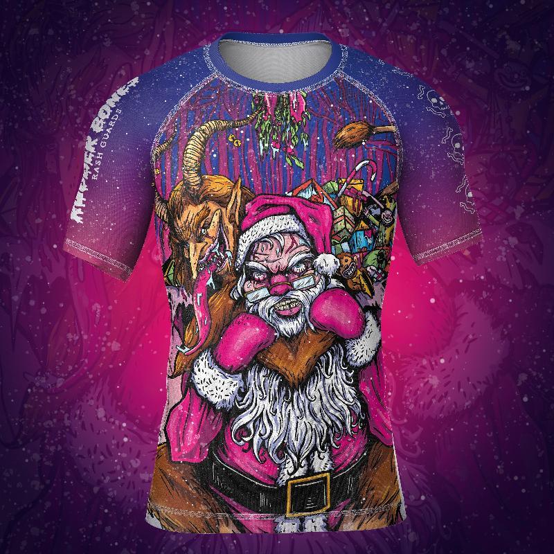 Mock-up of Kids Krampus Xmas Rash Guard featuring festive Krampus-inspired artwork, front view.