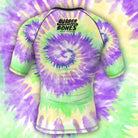 Mock-up of Legalize Leg Locks Short Sleeve Rash Guard showcasing vibrant tie-dye artwork, back view.