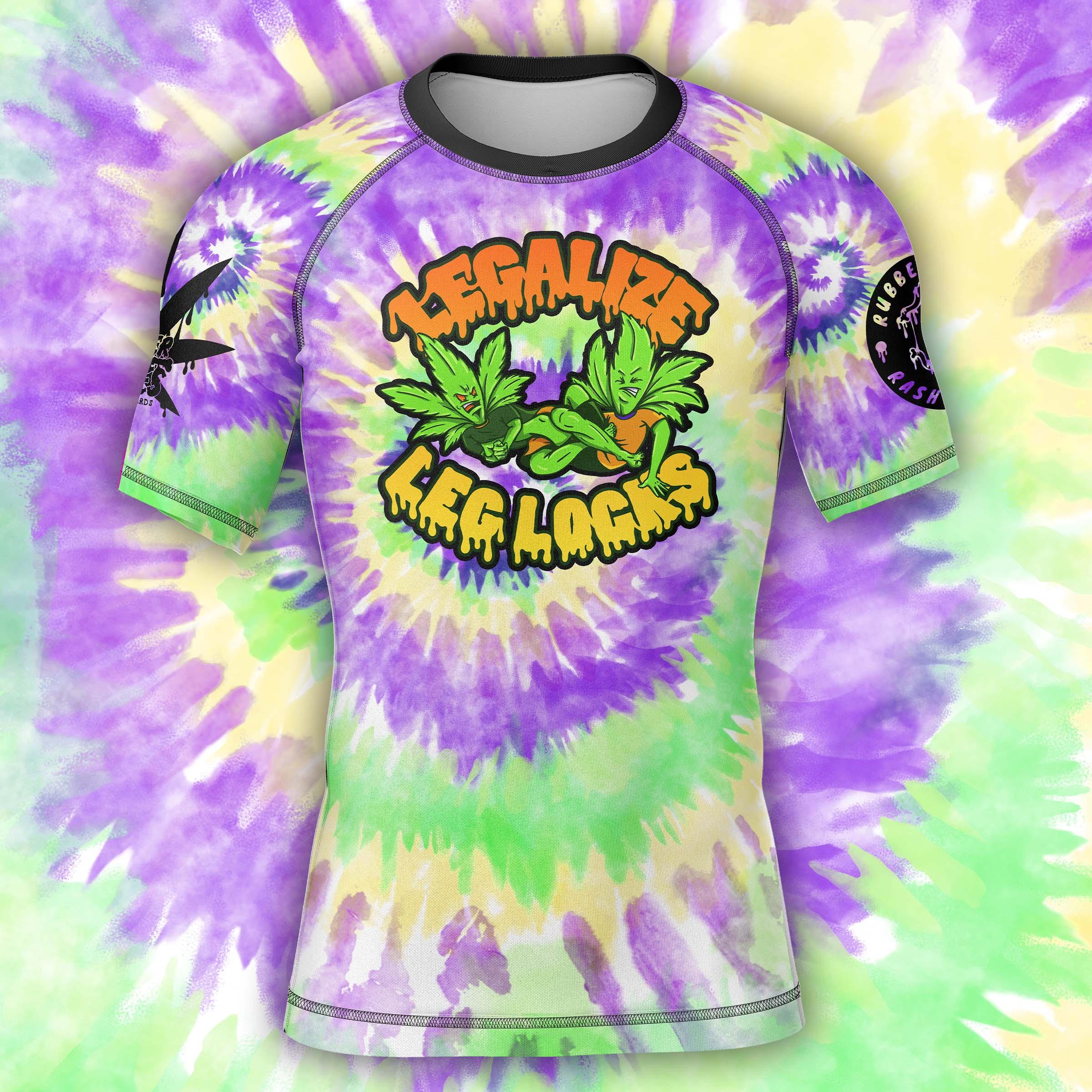 Mock-up of Legalize Leg Locks Short Sleeve Rash Guard with bold tie-dye design in green, purple, yellow, and orange, front view.