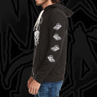 On-body side view of Mat Rat Hoodie showing underground comics-inspired sleeve design.