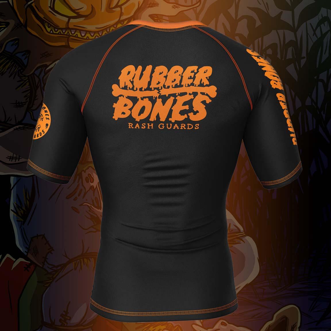 Mock-up of Halloween Spirit Rash Guard with bold, spooky design, back view.